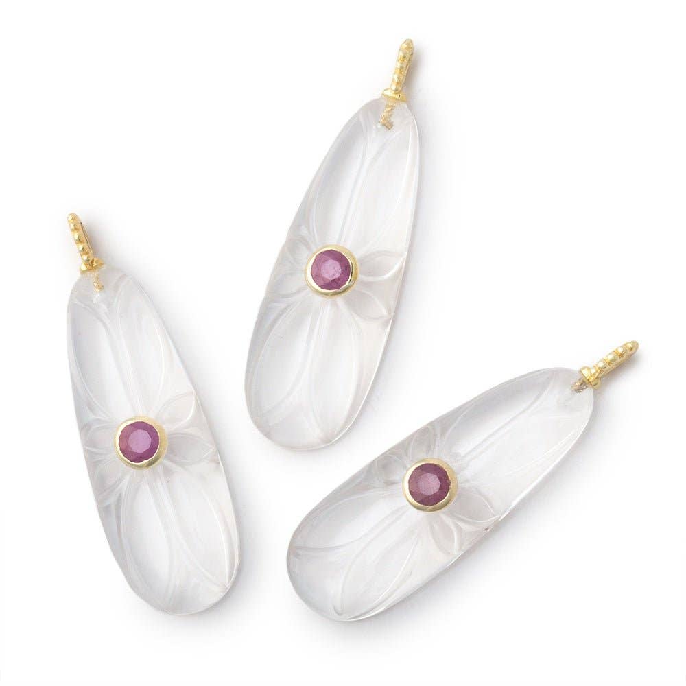 35x13mm Crystal Quartz Carved Pear with Bezel Ruby Inlay 1 Pendant