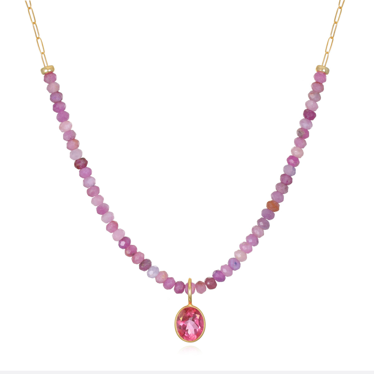 Pink Topaz & Ruby Beaded Paperclip Necklace