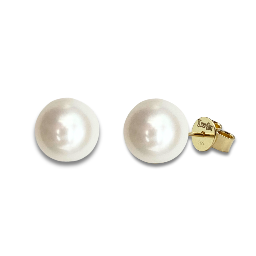 Cultured Fresh Water Pearl Yellow Gold Stud Earrings - 9mm
