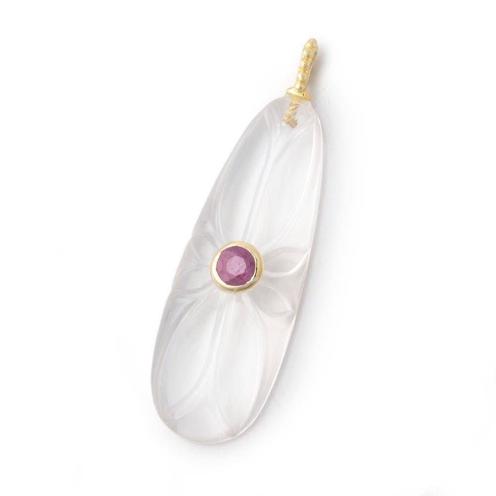 35x13mm Crystal Quartz Carved Pear with Bezel Ruby Inlay 1 Pendant