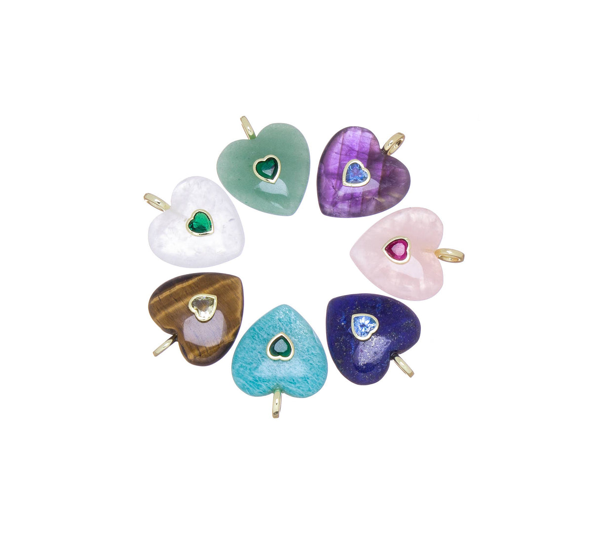 Charm- Heart Natural Gemstone Heart with CZ Heart Embellishment