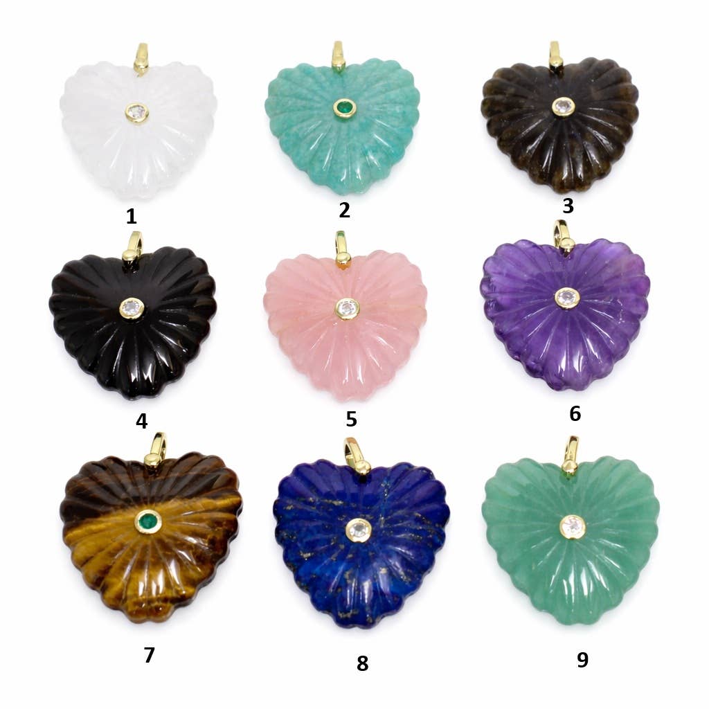 Charm- Ribbed Heart Natural Gemstone with CZ Bezel Embellishment