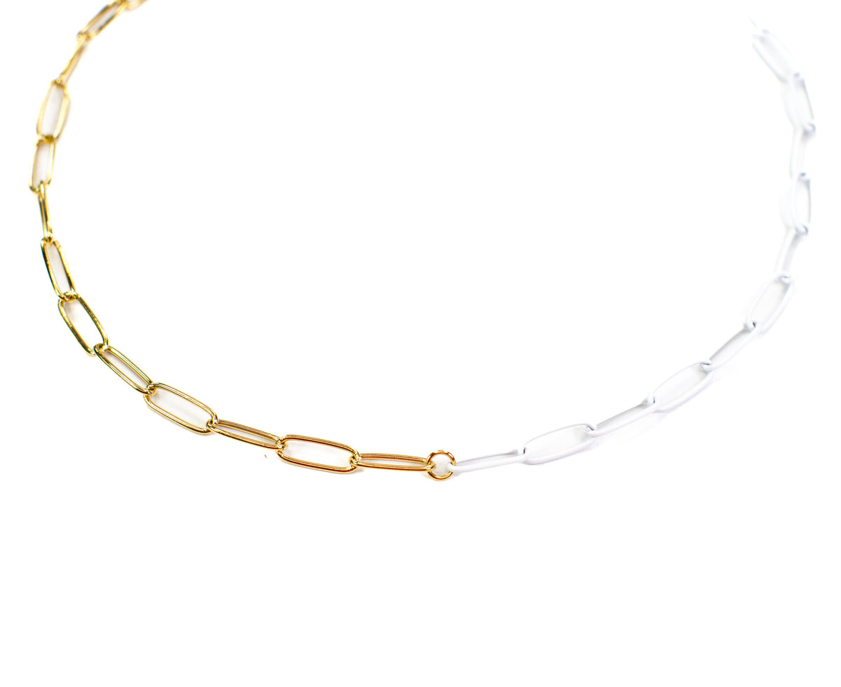 White Enamel + Gold Paperclip Chain Link Necklace