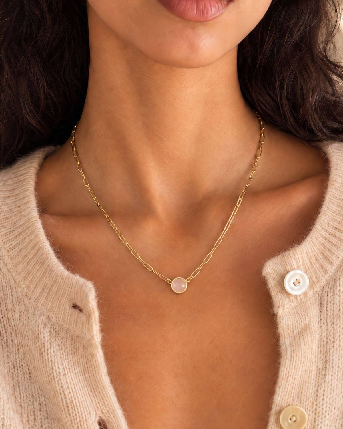 Ava Paperclip Necklace in Rose Quartz