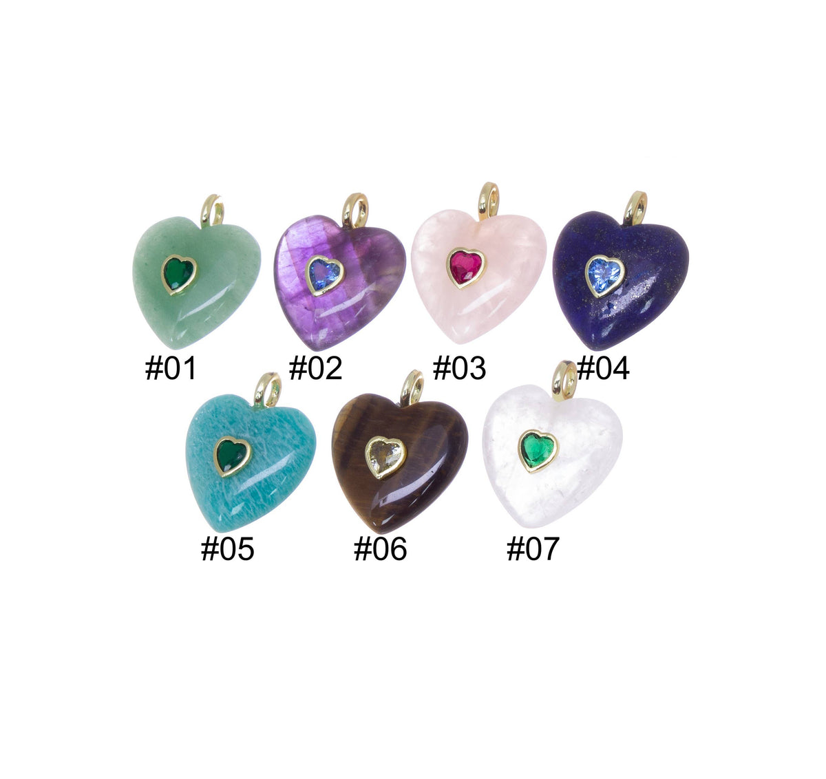 Charm- Heart Natural Gemstone Heart with CZ Heart Embellishment