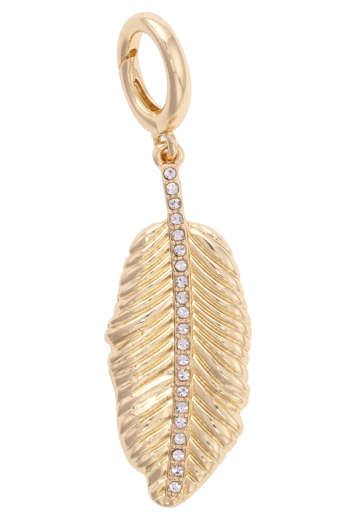 Charm- Rhinestone Feather Pendant in Shiny Gold