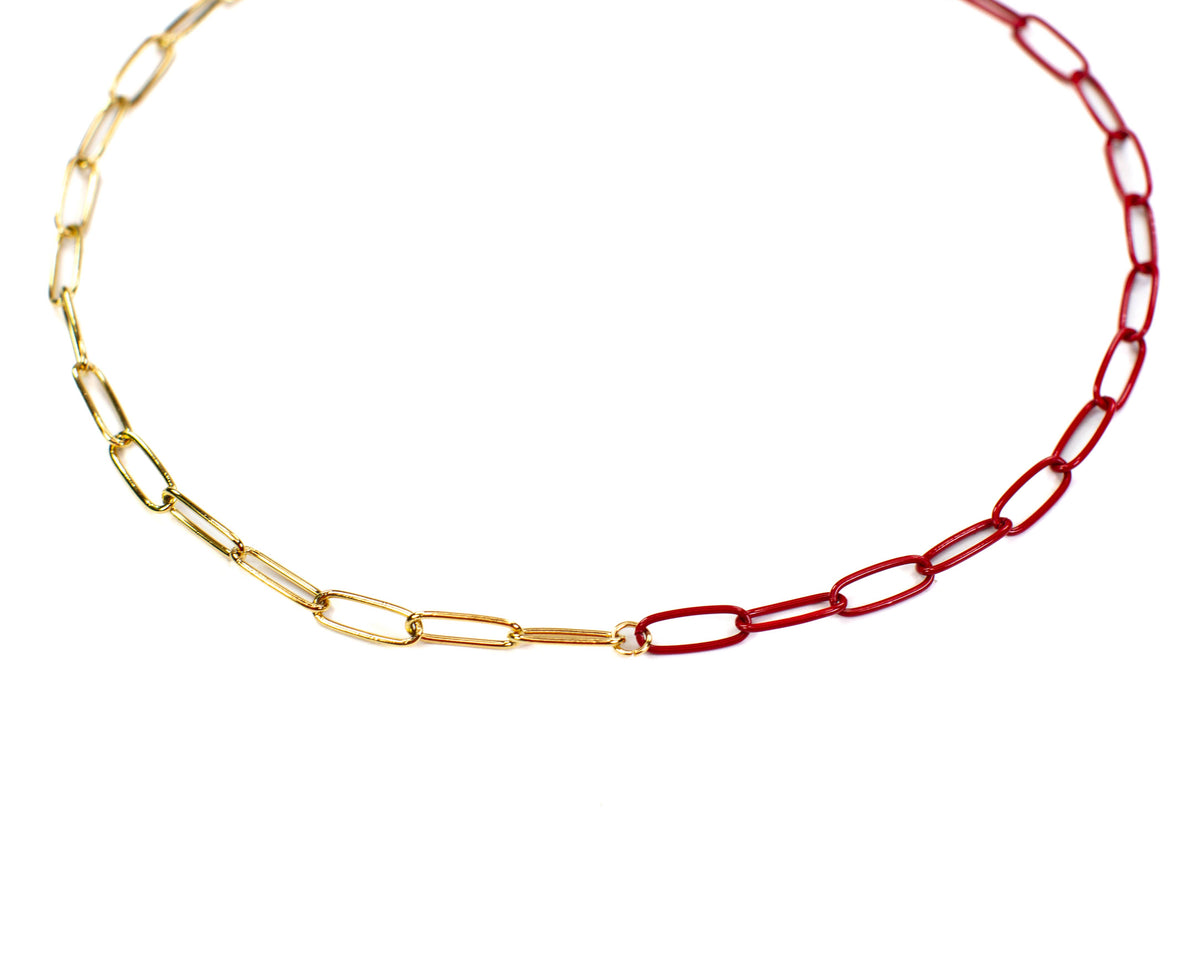 Red Enamel + Gold Paperclip Chain Link Necklace