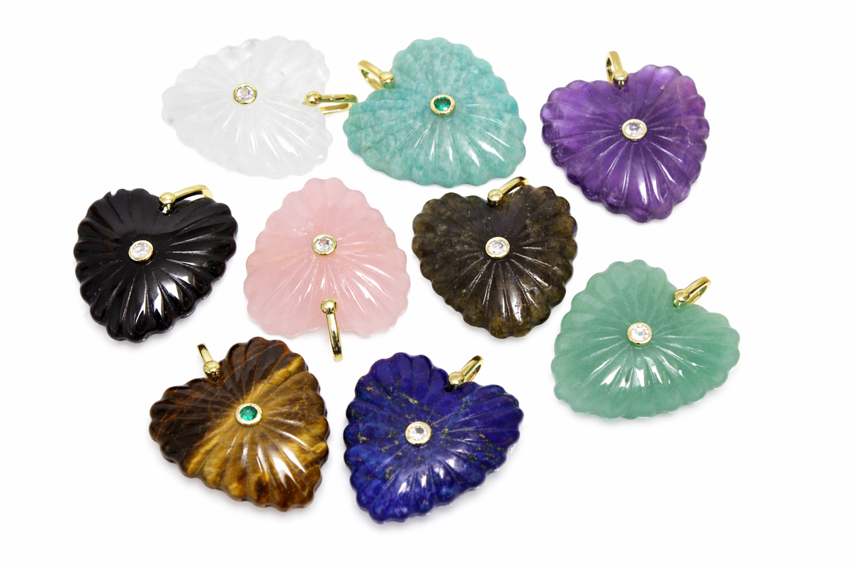 Charm- Ribbed Heart Natural Gemstone with CZ Bezel Embellishment