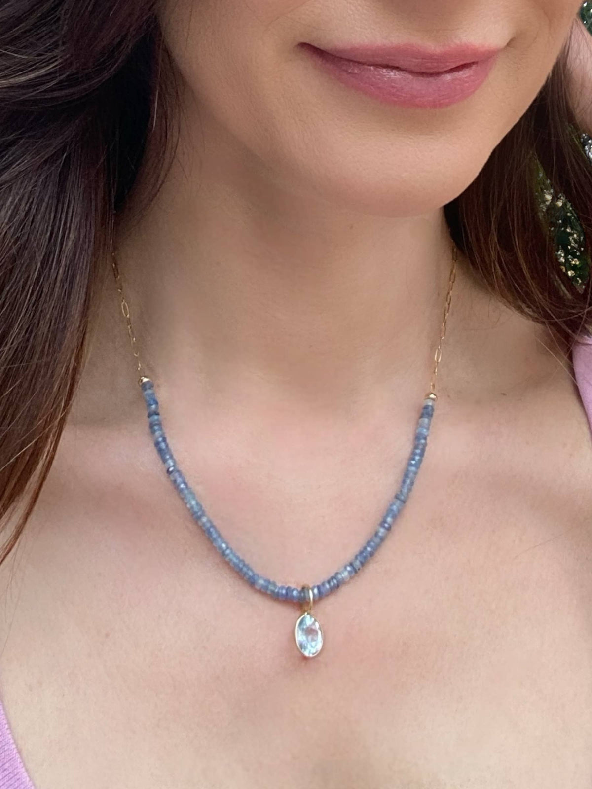Blue Topaz & Kyanite Beaded Paperclip Necklace
