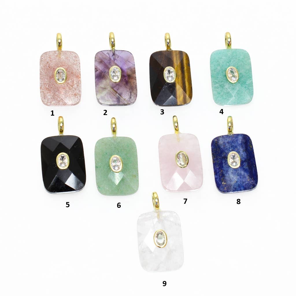Charm- Rectangle Natural Gemstone with CZ Bezel Embellishment