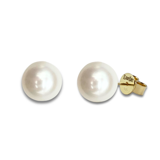 Cultured Fresh Water Pearl Yellow Gold Stud Earrings - 9mm