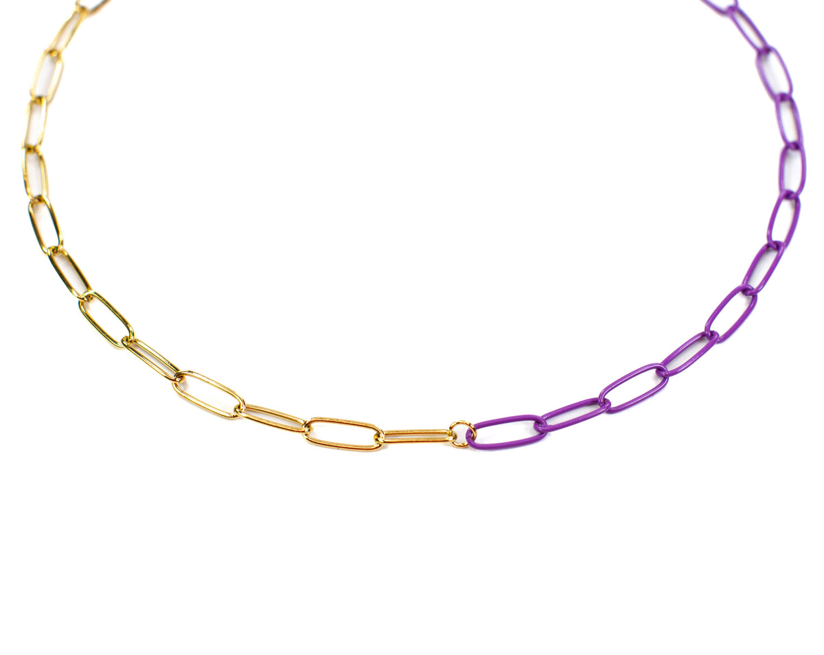 Purple Enamel + Gold Paperclip Chain Link Necklace