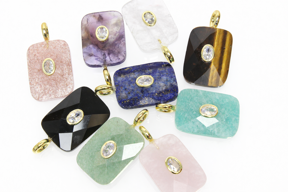 Charm- Rectangle Natural Gemstone with CZ Bezel Embellishment