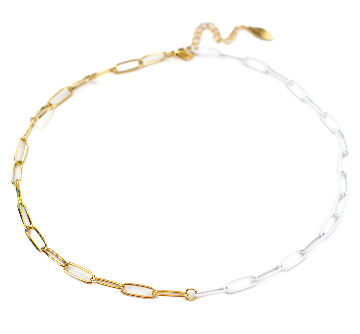 White Enamel + Gold Paperclip Chain Link Necklace